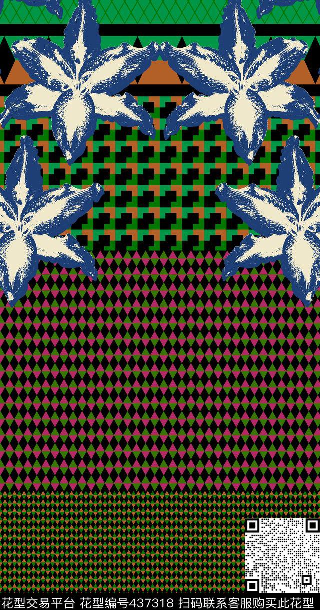 定位花格子花卉传统印花华亿平台下载（图片编号: 437318） - 瓦栏（Walan）