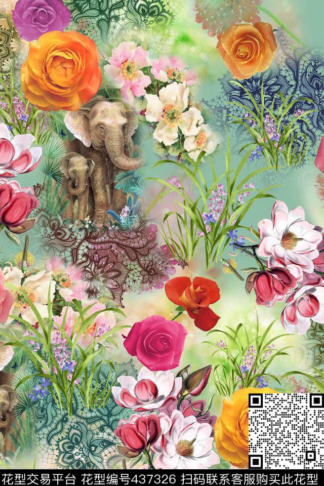 手绘花卉大象数码印花华亿平台下载（图片编号: 437326） - 瓦栏（Walan）