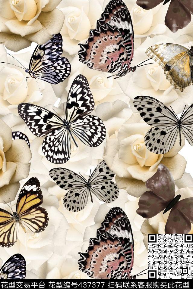 田园蝴蝶白色花卉数码印花华亿平台下载（图片编号: 437377） - 瓦栏（Walan）