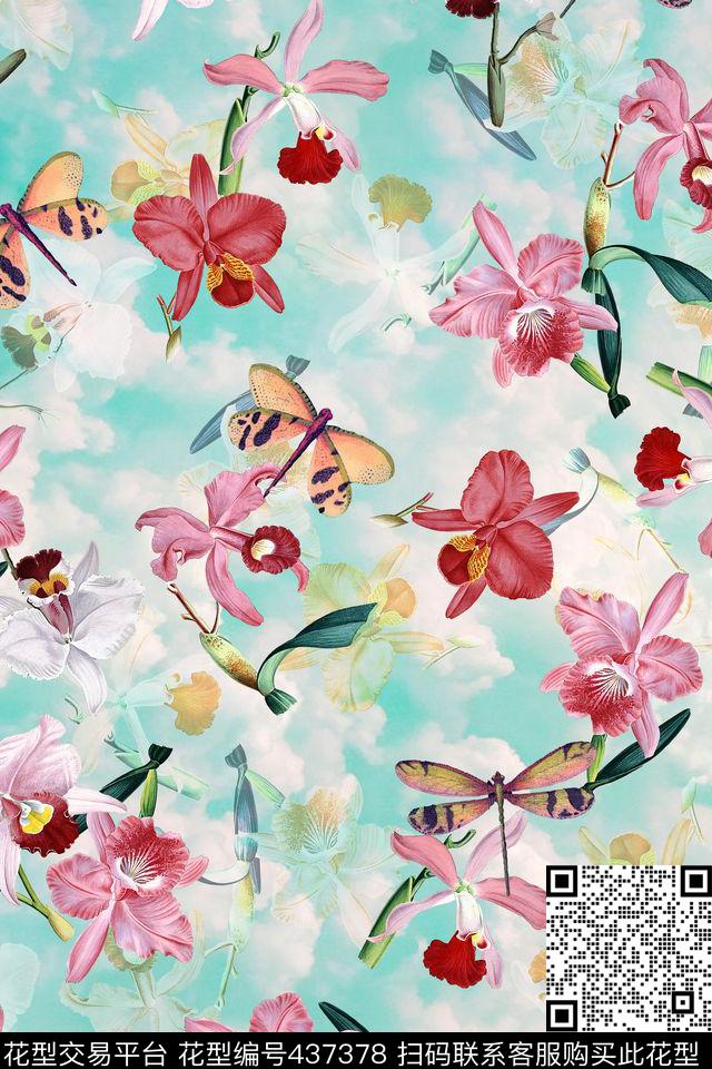 植物手绘兰花竹蜻蜓云朵朦胧底纹数码印花华亿平台下载（图片编号: 437378） - 瓦栏（Walan）