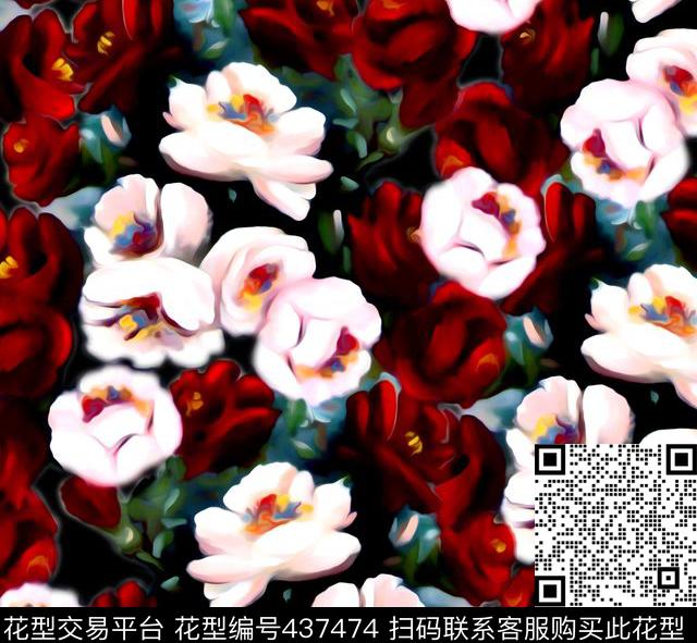 手绘玫瑰花卉数码印花华亿平台下载（图片编号: 437474） - 瓦栏（Walan）