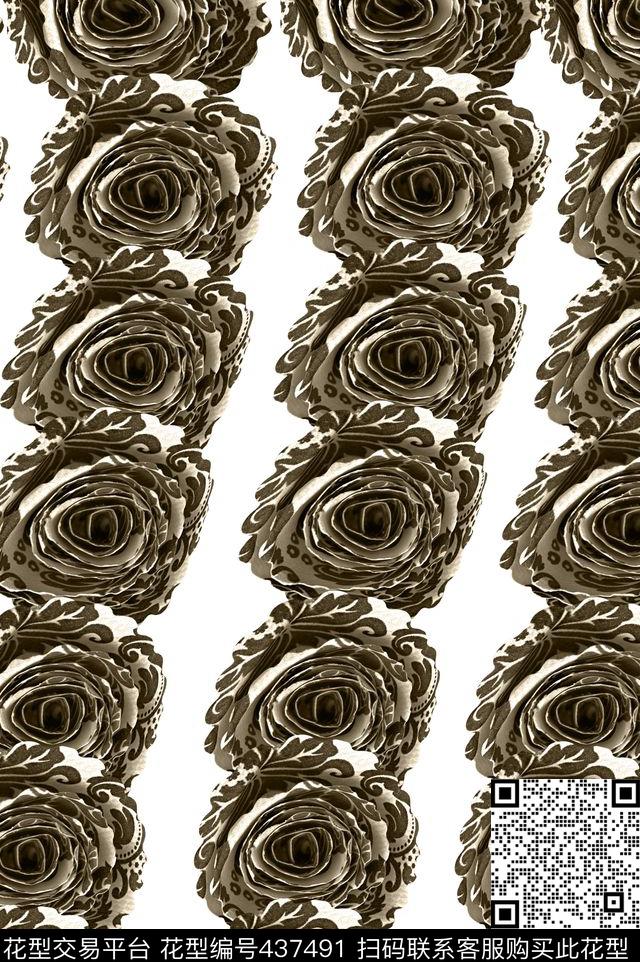 咖啡色花纹纸玫瑰数码印花华亿平台下载（图片编号: 437491） - 瓦栏（Walan）