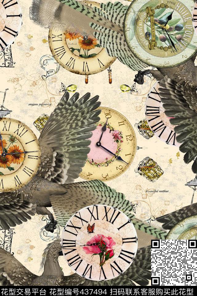 复古复古时钟大鸟数码印花华亿平台下载（图片编号: 437494） - 瓦栏（Walan）