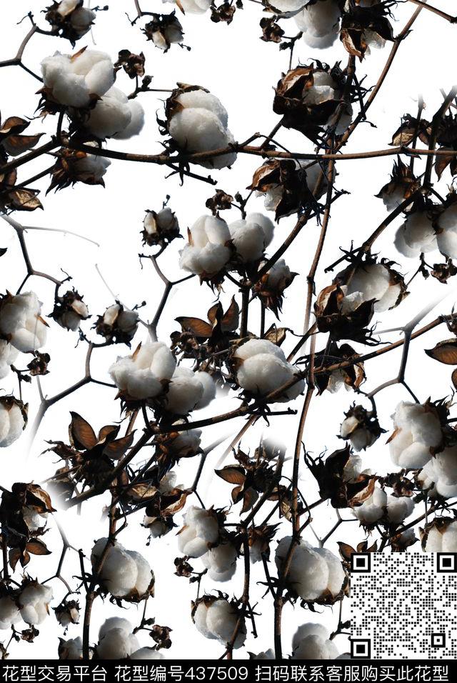 干树枝棉花田园数码印花华亿平台下载（图片编号: 437509） - 瓦栏（Walan）