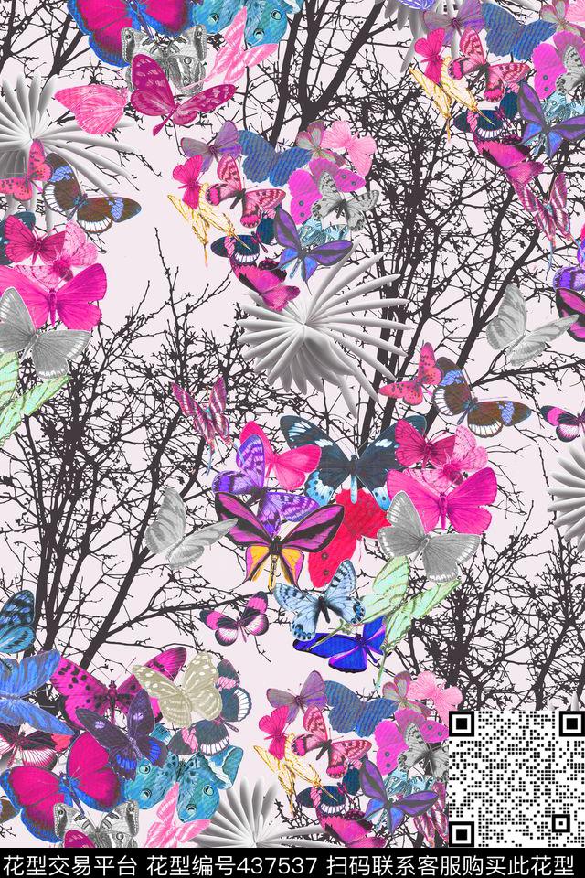 蝴蝶树枝复古数码印花华亿平台下载（图片编号: 437537） - 瓦栏（Walan）