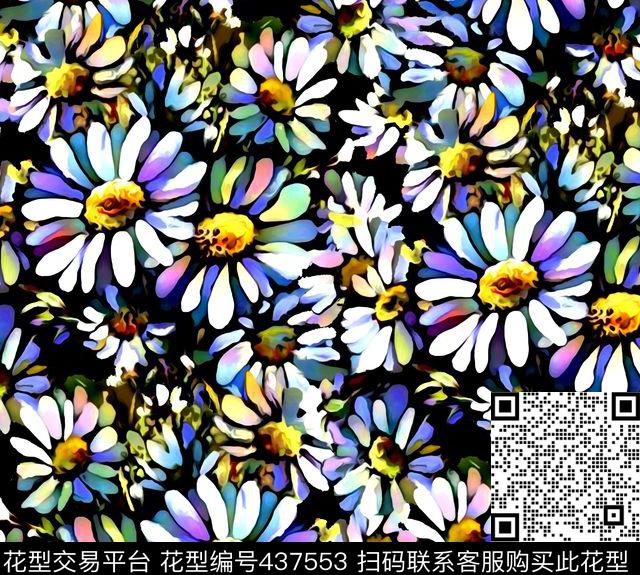 手绘雏菊花卉数码印花华亿平台下载（图片编号: 437553） - 瓦栏（Walan）