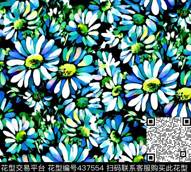 手绘雏菊花卉数码印花华亿平台下载（图片编号: 437554） - 瓦栏（Walan）
