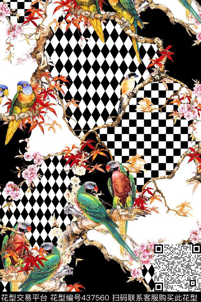 中国风几何鹦鹉数码印花华亿平台下载（图片编号: 437560） - 瓦栏（Walan）
