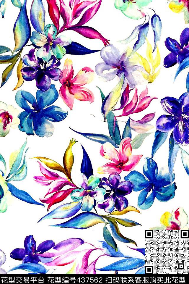 时尚手绘花卉鹤望兰数码印花华亿平台下载（图片编号: 437562） - 瓦栏（Walan）