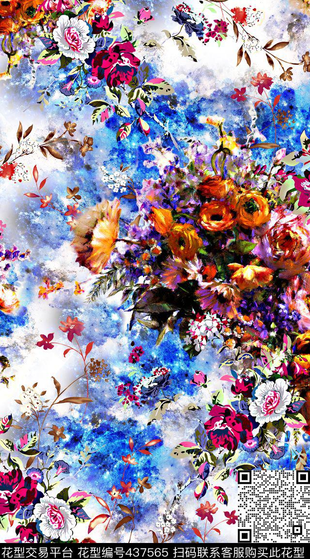时尚油画花卉数码印花华亿平台下载（图片编号: 437565） - 瓦栏（Walan）