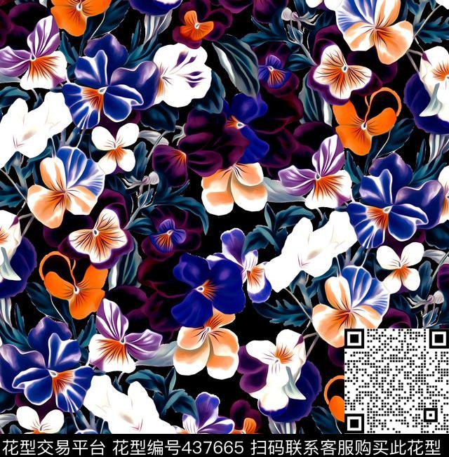 花卉复古三色堇数码印花华亿平台下载（图片编号: 437665） - 瓦栏（Walan）