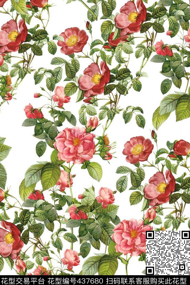玫瑰清爽手绘数码印花华亿平台下载（图片编号: 437680） - 瓦栏（Walan）