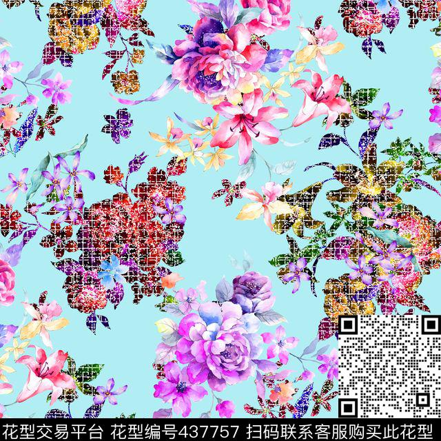 清爽夏季手绘花卉组合淡雅平色块底色数码印花华亿平台下载（图片编号: 437757） - 瓦栏（Walan）