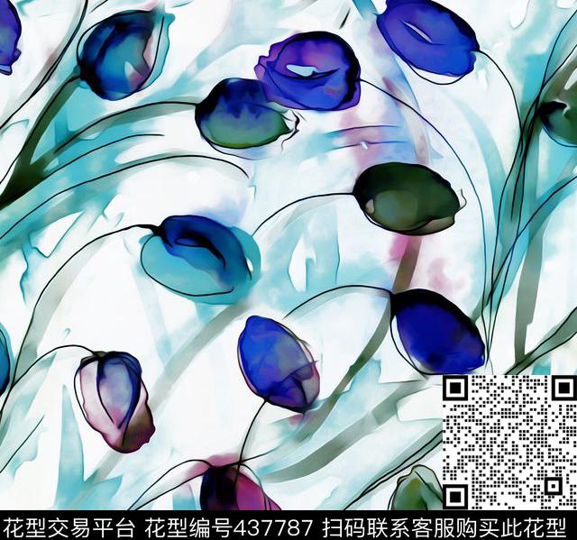手绘花卉郁金香数码印花华亿平台下载（图片编号: 437787） - 瓦栏（Walan）