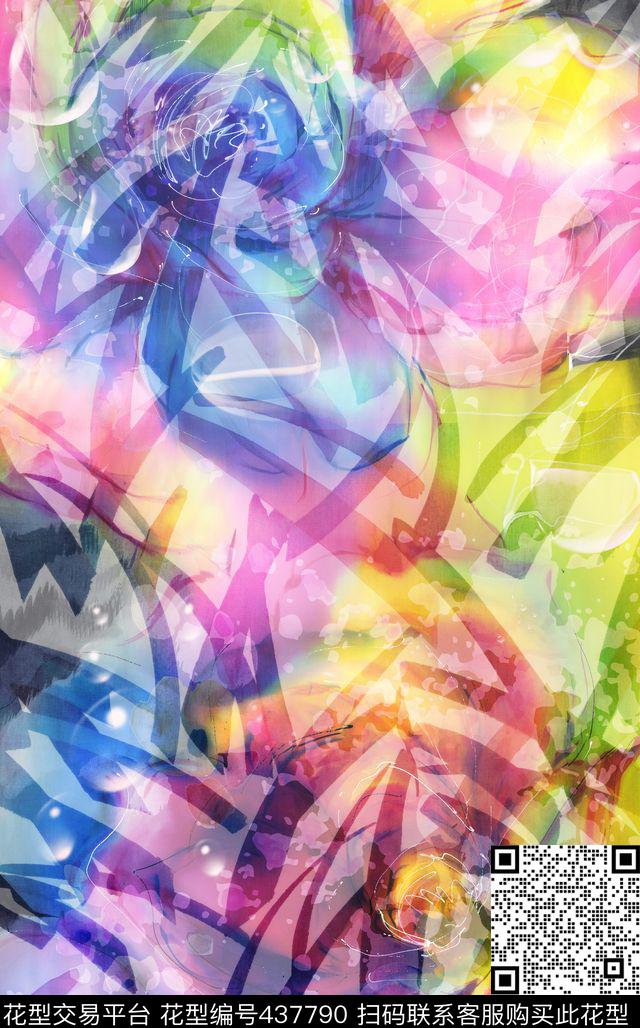抽象水彩手绘花水珠数码印花华亿平台下载（图片编号: 437790） - 瓦栏（Walan）