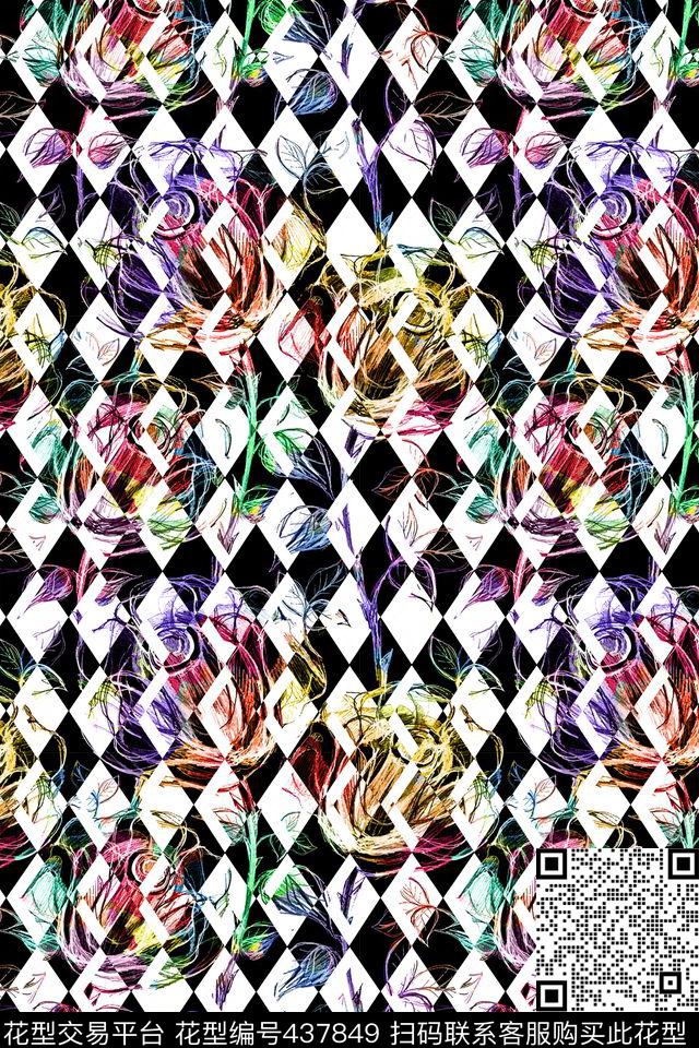几何黑白抽象花卉彩色线描数码印花华亿平台下载（图片编号: 437849） - 瓦栏（Walan）