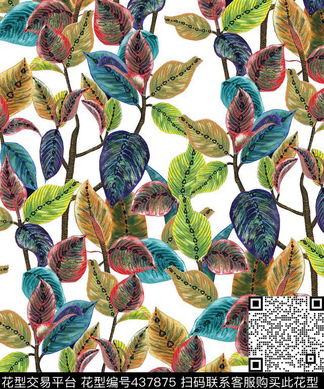 热带叶子植物数码印花华亿平台下载（图片编号: 437875） - 瓦栏（Walan）