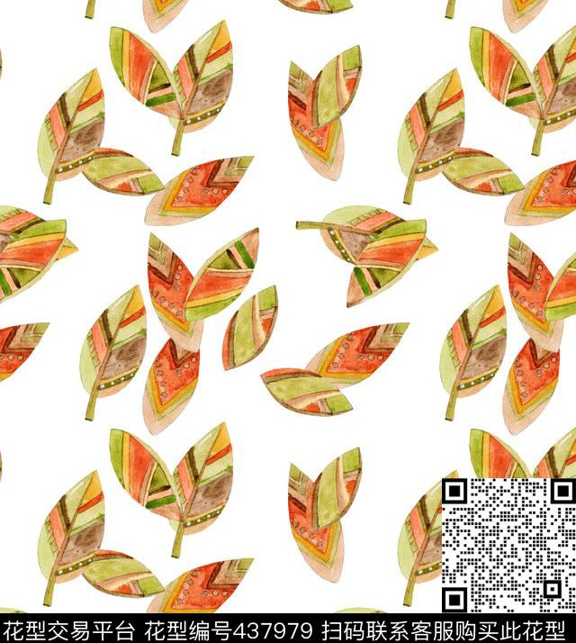 凌乱手绘彩色水彩叶子数码印花华亿平台下载（图片编号: 437979） - 瓦栏（Walan）