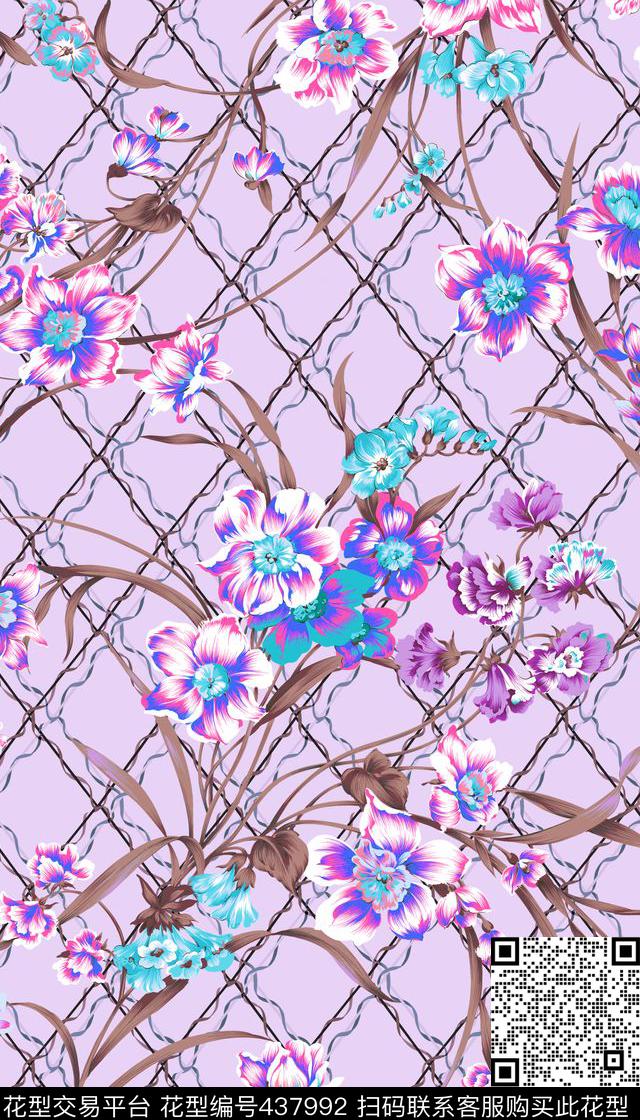 格子花卉铁丝网传统印花华亿平台下载（图片编号: 437992） - 瓦栏（Walan）