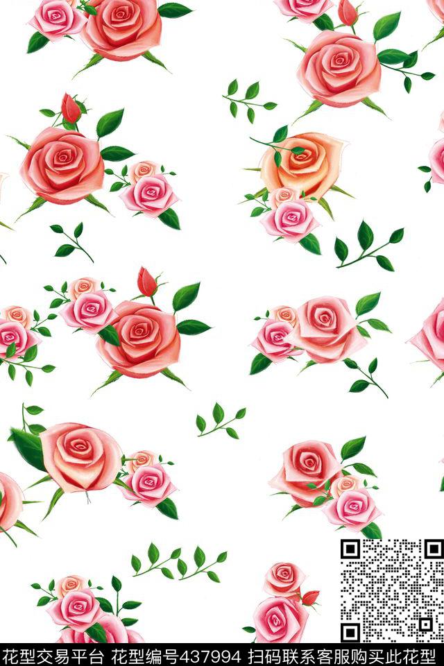 简单玫瑰花卉传统印花华亿平台下载（图片编号: 437994） - 瓦栏（Walan）