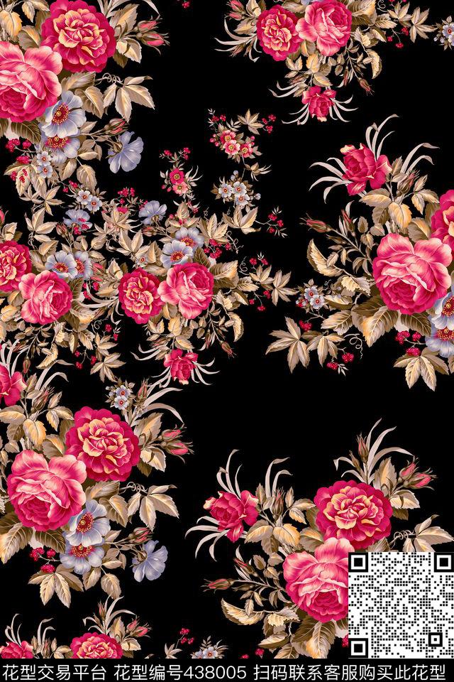 黑底经典玫瑰传统印花华亿平台下载（图片编号: 438005） - 瓦栏（Walan）