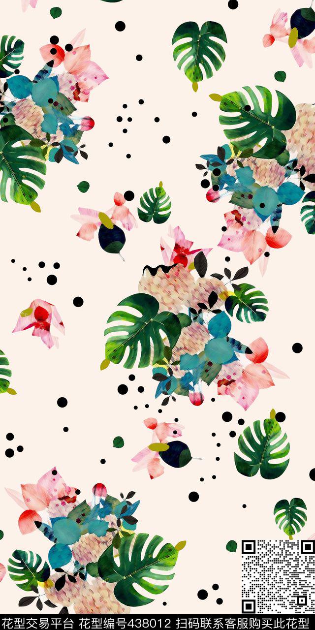 波点干净花卉清爽时尚热带数码印花华亿平台下载（图片编号: 438012） - 瓦栏（Walan）