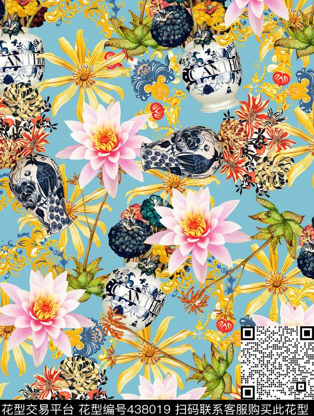 大花花卉青花瓷数码印花华亿平台下载（图片编号: 438019） - 瓦栏（Walan）