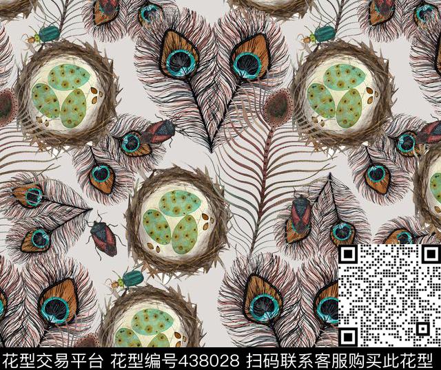 复古鸟孔雀毛昆虫数码印花华亿平台下载（图片编号: 438028） - 瓦栏（Walan）