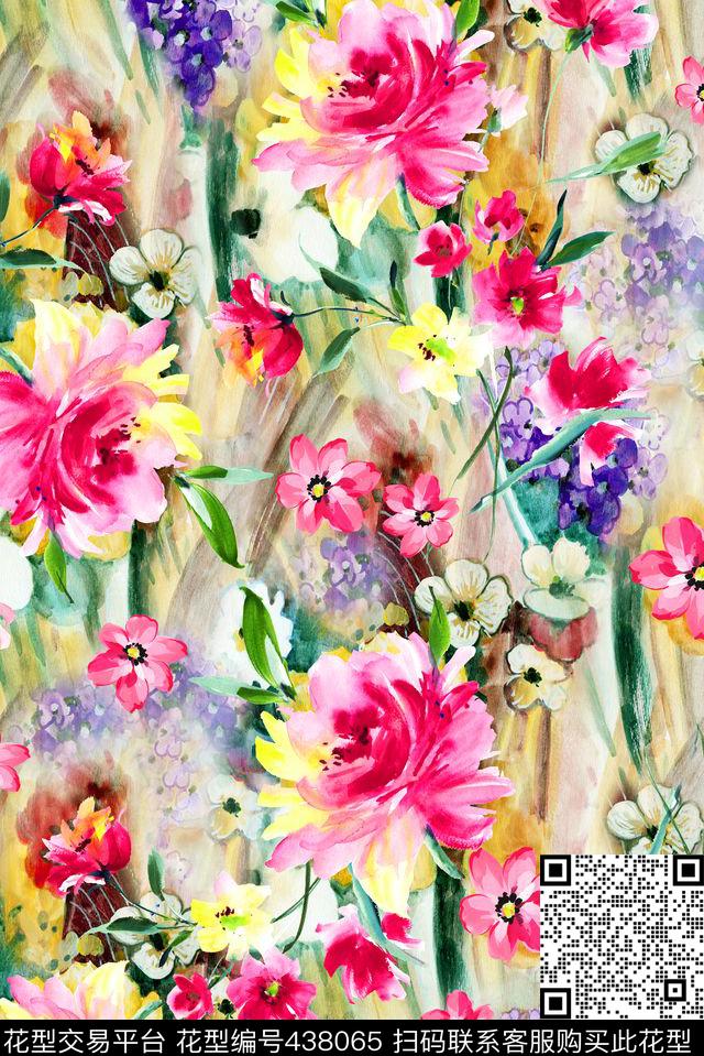 抽象手绘花卉组合花卉数码印花华亿平台下载（图片编号: 438065） - 瓦栏（Walan）