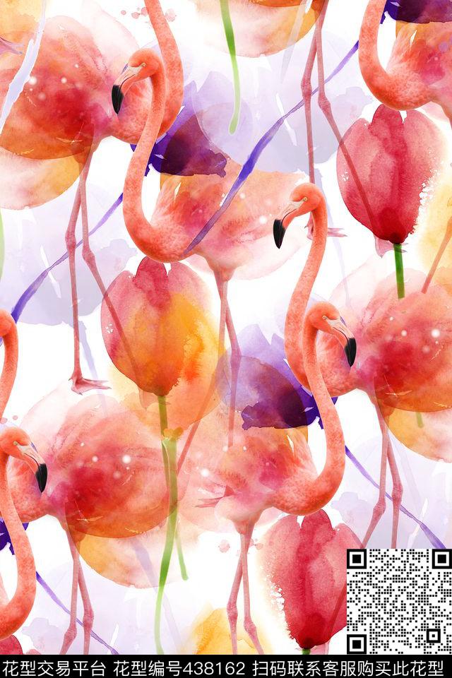 浪漫火烈鸟水彩数码印花华亿平台下载（图片编号: 438162） - 瓦栏（Walan）