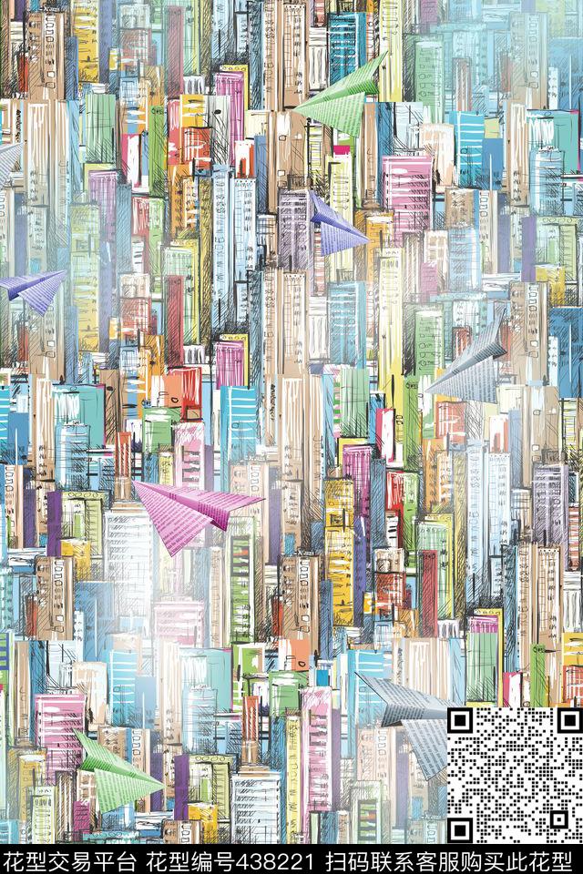 卡通城市纸飞机数码印花华亿平台下载（图片编号: 438221） - 瓦栏（Walan）