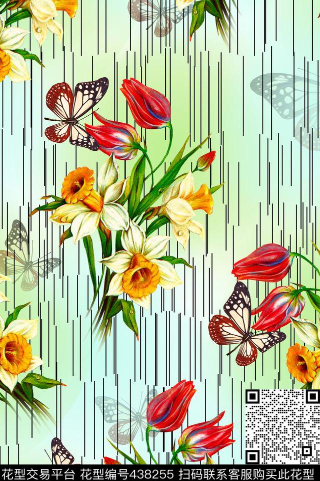 欧式花卉蝴蝶清新数码印花华亿平台下载（图片编号: 438255） - 瓦栏（Walan）