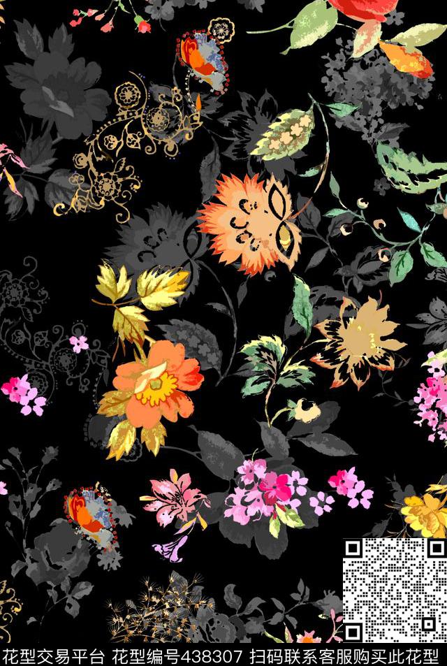 花卉现代布料传统印花华亿平台下载（图片编号: 438307） - 瓦栏（Walan）