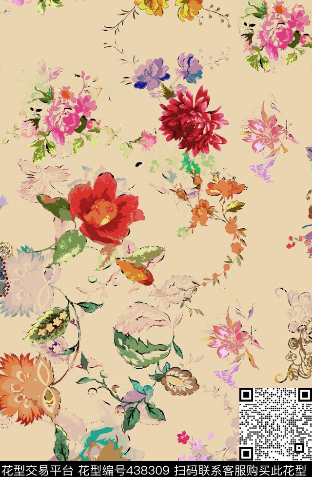 花卉现代布料传统印花华亿平台下载（图片编号: 438309） - 瓦栏（Walan）