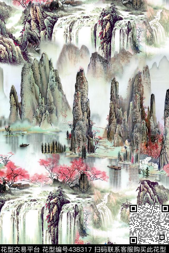 山水画风景画山水风景数码印花华亿平台下载（图片编号: 438317） - 瓦栏（Walan）