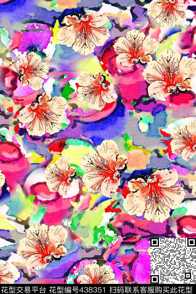 抽象水墨花卉花卉数码印花华亿平台下载（图片编号: 438351） - 瓦栏（Walan）