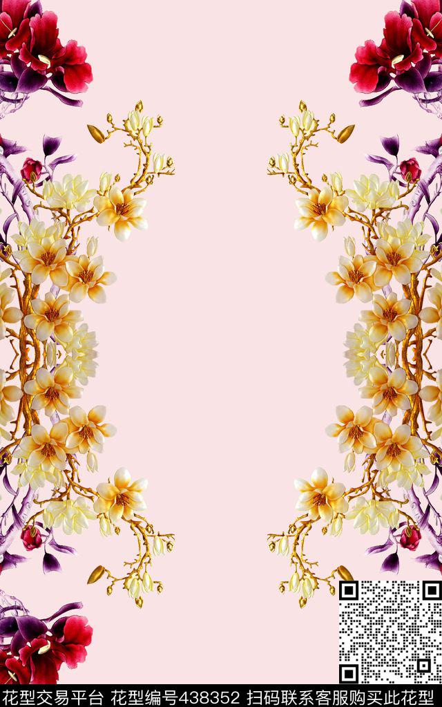 花卉工笔金边数码印花华亿平台下载（图片编号: 438352） - 瓦栏（Walan）