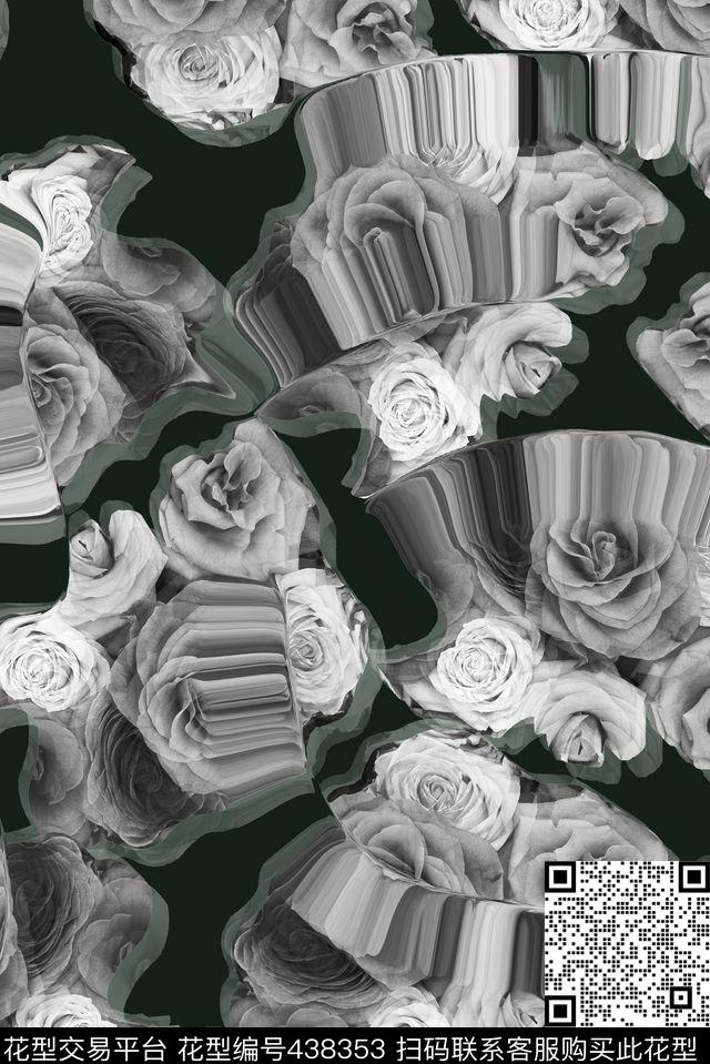 扭曲花卉模糊融合花卉、扭曲、黑白数码印花华亿平台下载（图片编号: 438353） - 瓦栏（Walan）
