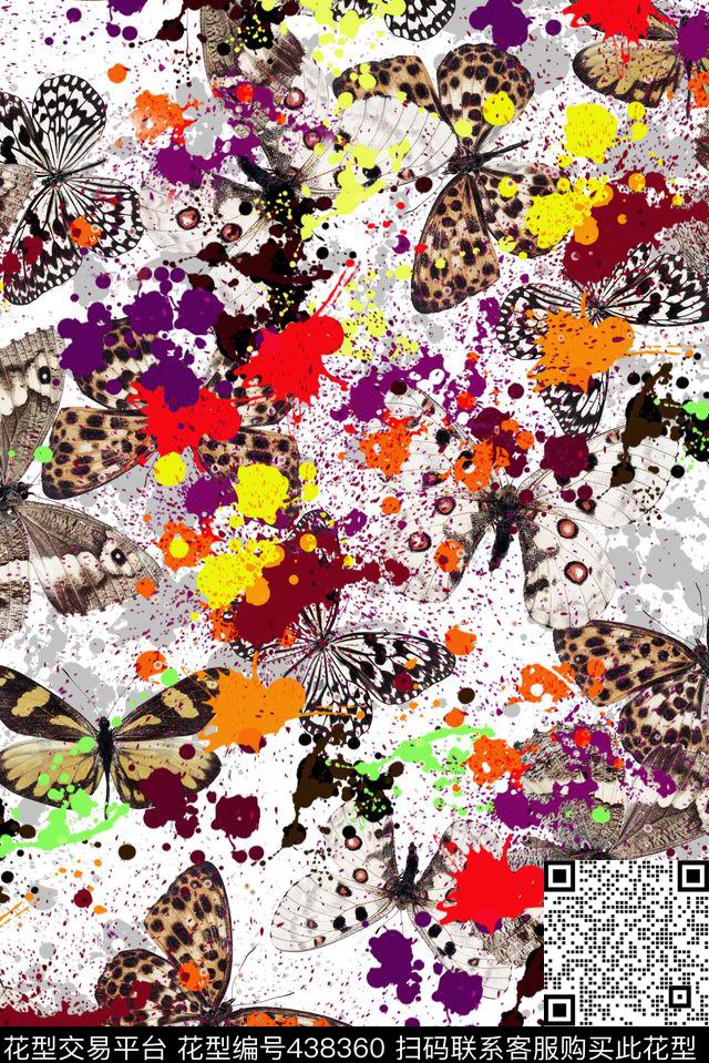 蝴蝶组合蝴蝶、喷溅、彩色喷溅叠加数码印花华亿平台下载（图片编号: 438360） - 瓦栏（Walan）