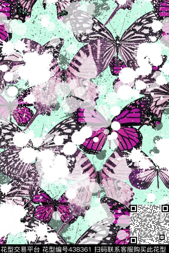 清新动物蝴蝶蝴蝶、喷溅、蓝色喷溅叠加数码印花华亿平台下载（图片编号: 438361） - 瓦栏（Walan）