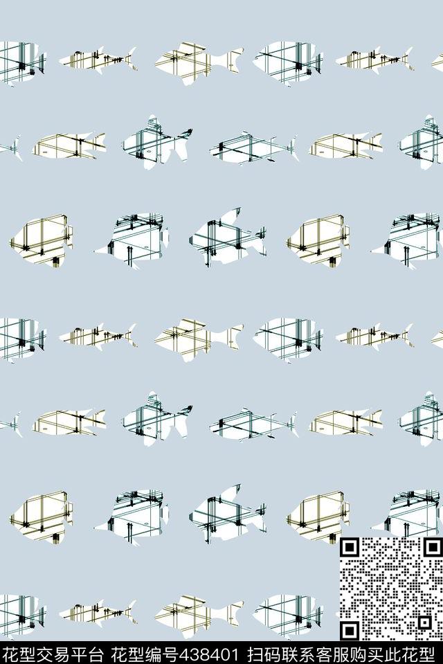 小清新线条手绘鱼剪影潮流男装传统印花华亿平台下载（图片编号: 438401） - 瓦栏（Walan）