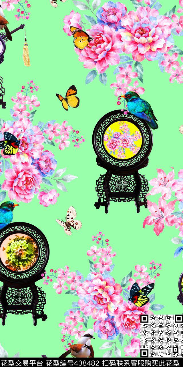 蝴蝶手绘花卉中式时尚夏季数码印花华亿平台下载（图片编号: 438482） - 瓦栏（Walan）