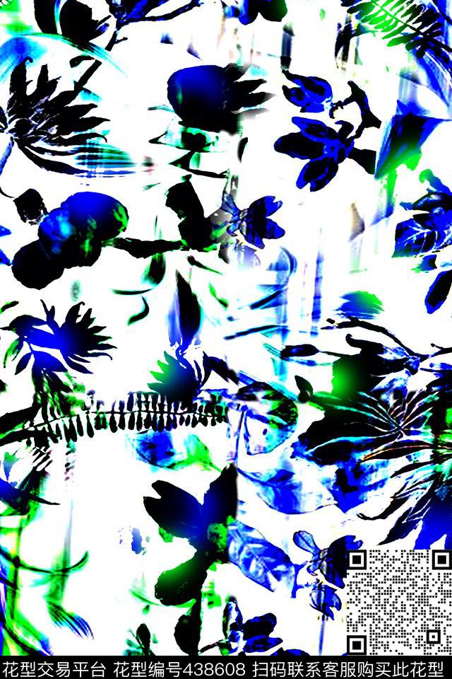 抽象花卉青花数码印花华亿平台下载（图片编号: 438608） - 瓦栏（Walan）