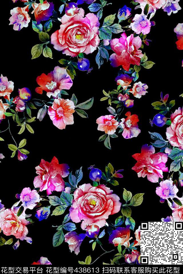 黑底花卉水彩数码印花华亿平台下载（图片编号: 438613） - 瓦栏（Walan）