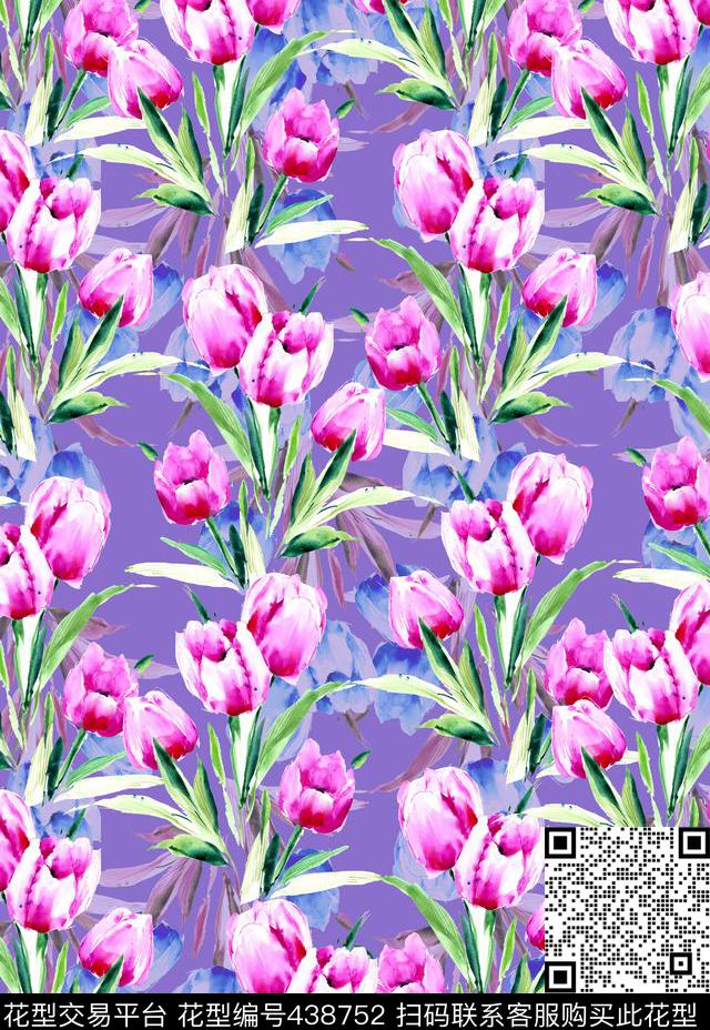 时尚手绘水彩大花花朵数码印花华亿平台下载（图片编号: 438752） - 瓦栏（Walan）