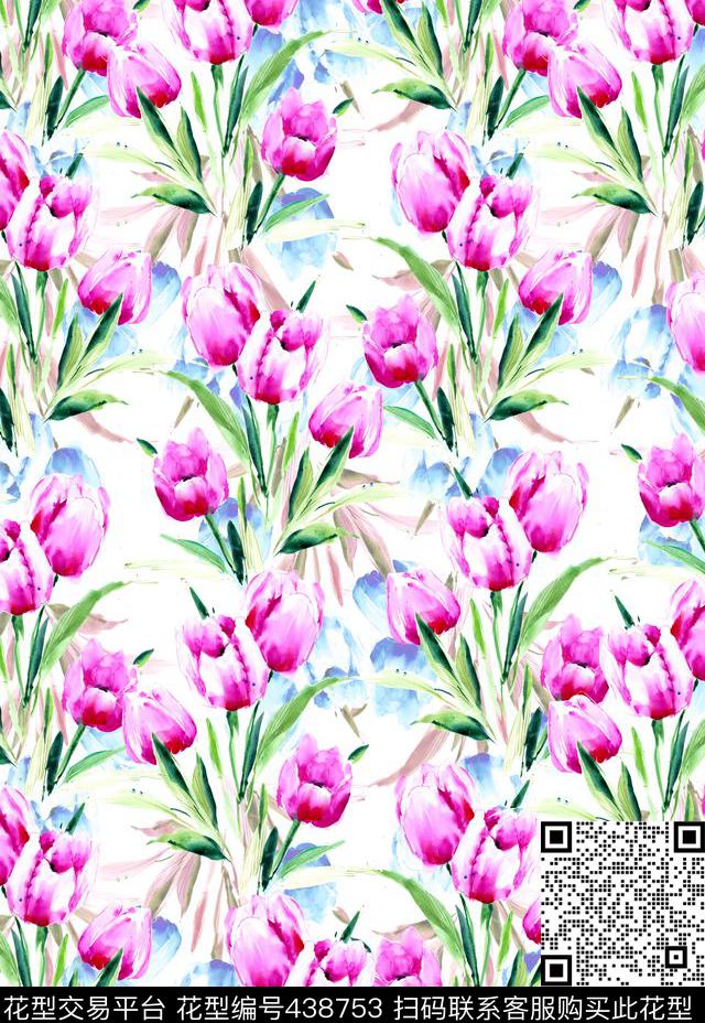 时尚手绘水彩大花花朵数码印花华亿平台下载（图片编号: 438753） - 瓦栏（Walan）