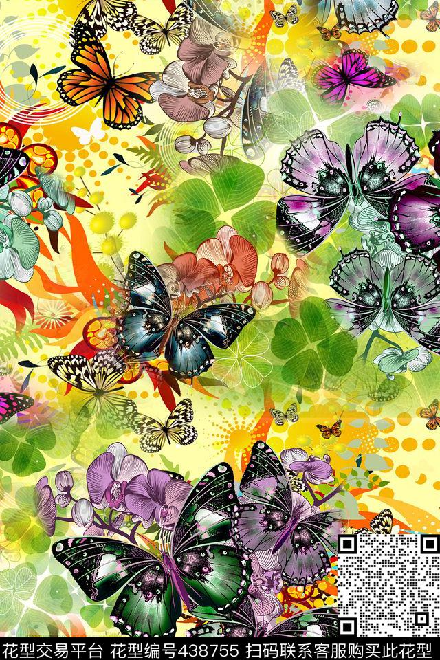 彩色几何火苗点子蝴蝶数码印花华亿平台下载（图片编号: 438755） - 瓦栏（Walan）