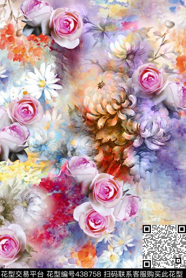 手绘水彩花田园清新月季花数码印花华亿平台下载（图片编号: 438758） - 瓦栏（Walan）