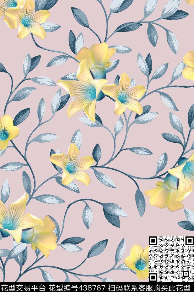 简洁时尚小花枝条数码印花华亿平台下载（图片编号: 438767） - 瓦栏（Walan）
