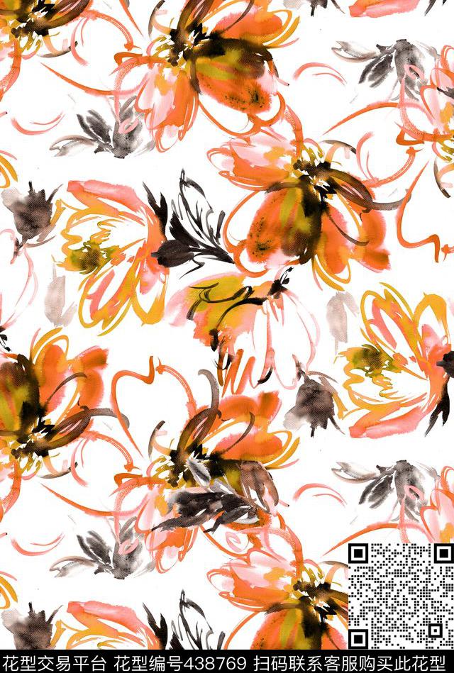 时尚抽象水彩笔触大花卉数码印花华亿平台下载（图片编号: 438769） - 瓦栏（Walan）